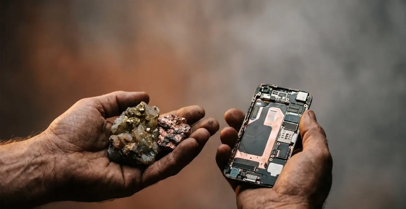 Gros plan sur des mains tenant des minerais et composants électroniques illustrant la transparence dans la chaîne d'approvisionnement des smartphones équitables