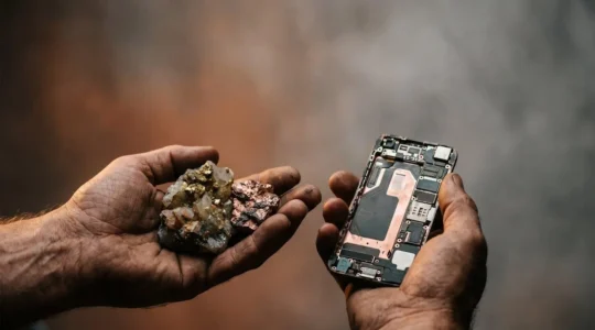 Gros plan sur des mains tenant des minerais et composants électroniques illustrant la transparence dans la chaîne d'approvisionnement des smartphones équitables